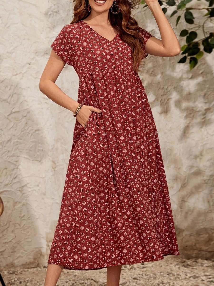 Short Sleeves Pockets Printed V Neck Maxi Dress