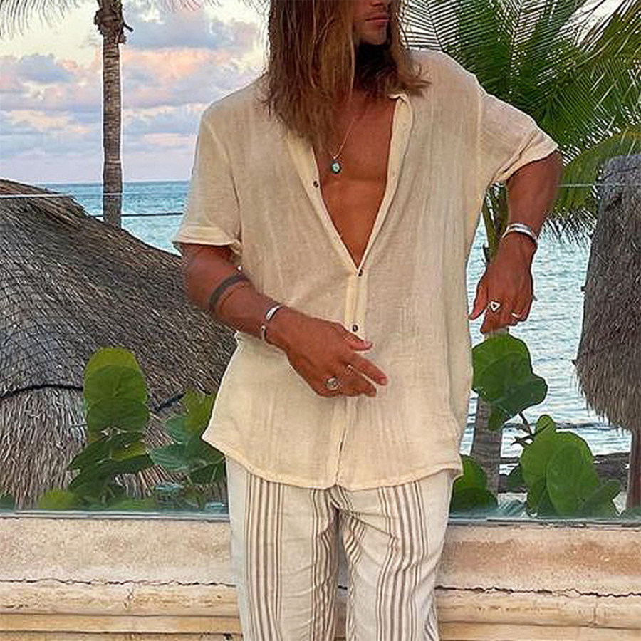 

Men's Casual Loose Cotton Linen Solid Color Stand Collar Short Sleeve Shirt