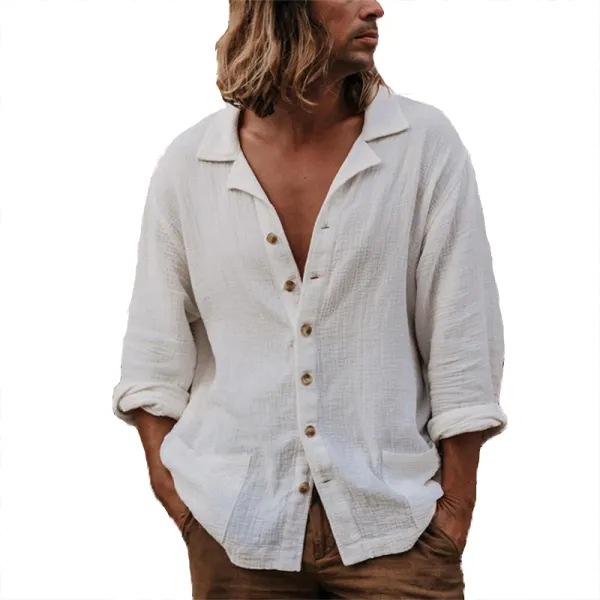 Men's Casual Loose Cotton Linen Long-sleeved Shirt - Kalesafe.com 
