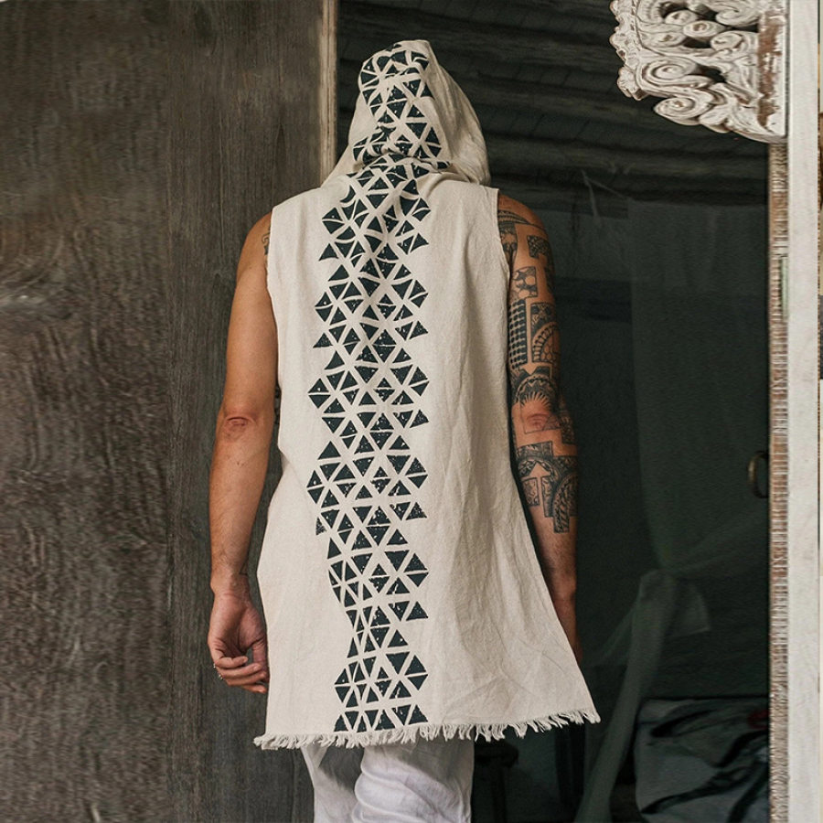 

Mens Cotton Hemp Multi-color Printed Sleeveless Hooded Vest