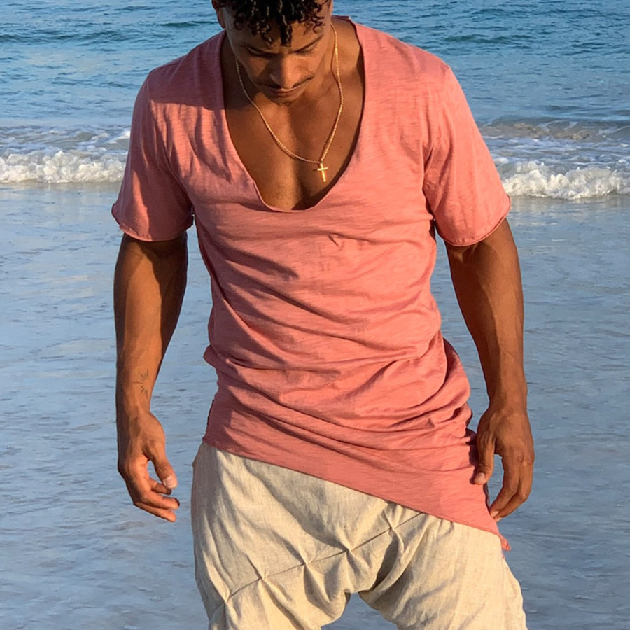 

Casual Oversized Holiday V Neck Short Sleeve T-Shirt Cotton Simple Comfortable Solid Color Top