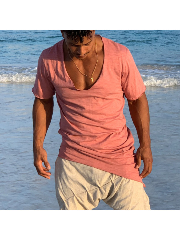 Casual Oversized Holiday V Neck Short Sleeve T-Shirt Cotton Simple Comfortable Solid Color Top