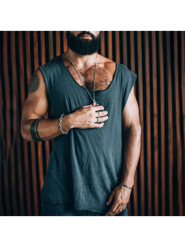 Men's Holiday Tropical Tribal Style Cotton Casual Tank Top Irregular Cut Comfortable Breathable Top Oversized - Ootdmw.com 