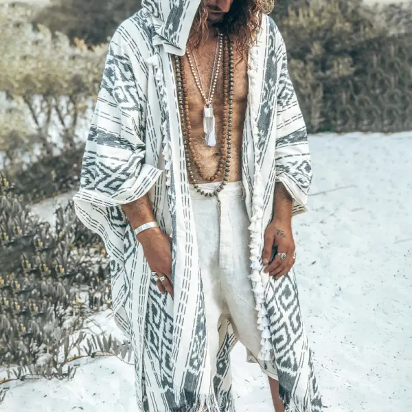 Men's Totem Print Linen Hooded Cape - Villagenice.com 