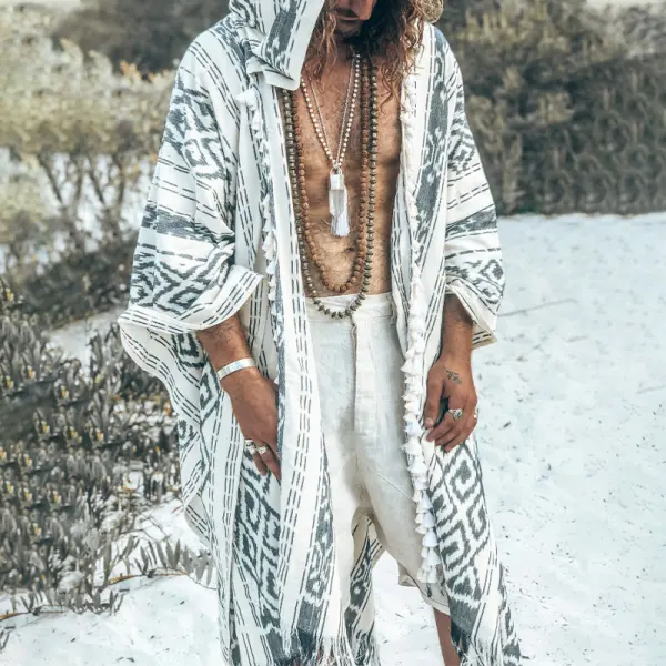 Men's Totem Print Linen Hooded Cape - Ootdyouth.com 