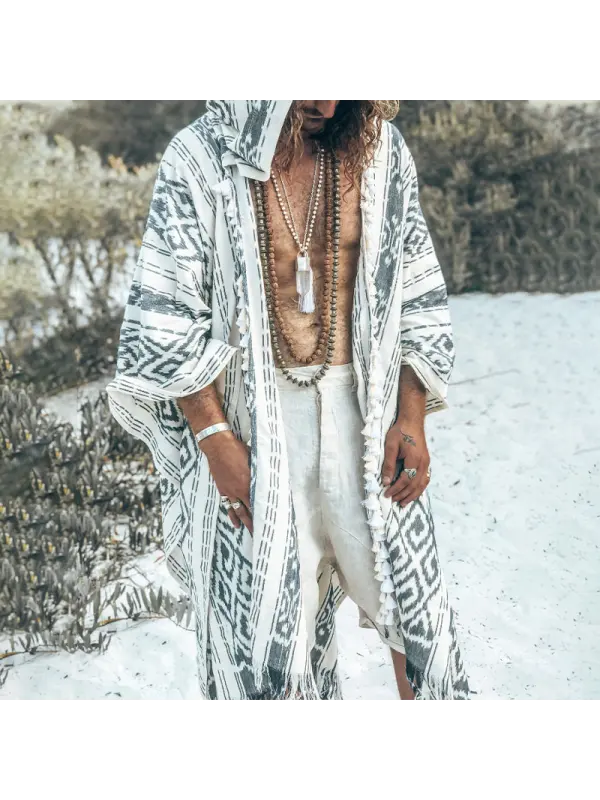 Men's Totem Print Linen Hooded Cape - Valiantlive.com 