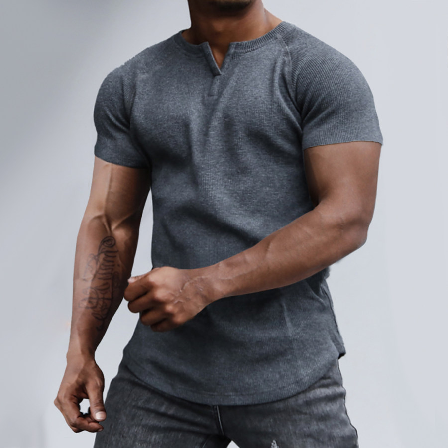 

Lässiges Kurzarm-T-Shirt Mit V-Ausschnitt Für Herren Einfarbig Stretch Fitness Laufen Sport Fitness-T-Shirt