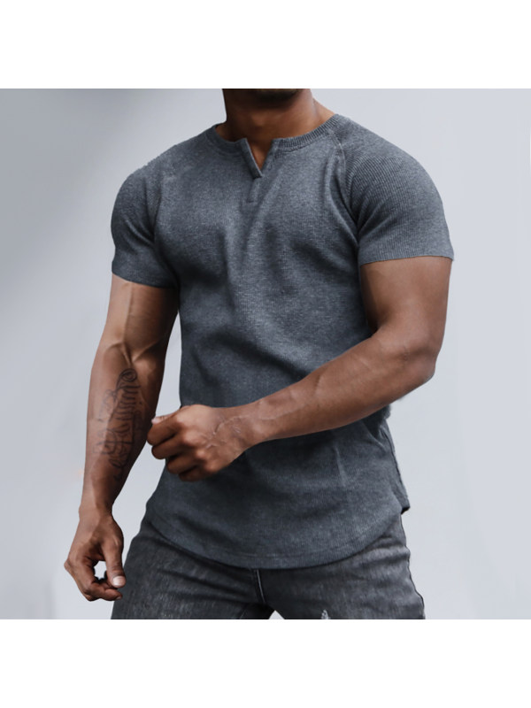 Men's Casual V Neck Short Sleeve T-Shirt Solid Color Stretch Fitness Running Sports Fitness Tee