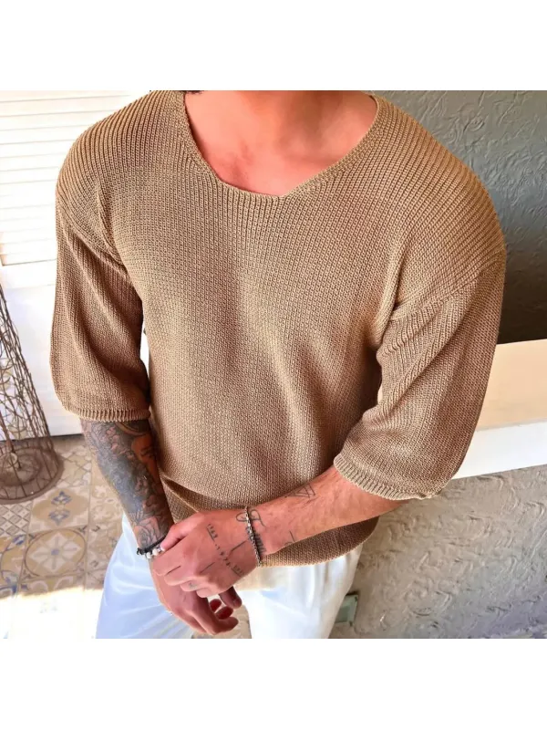 Knitted Wool 3/4 Sleeve Solid T-Shirt - Timetomy.com 