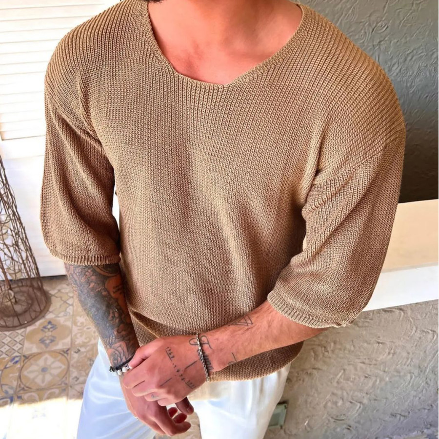 

Knitted Wool 3/4 Sleeve Solid T-Shirt