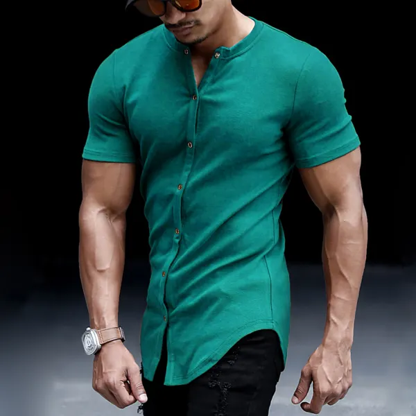 Men's Casual Slim Solid Color Short Sleeve Shirt Outdoor Fitness Sports Running Pure Cotton Stand Collar Cardigan - Fineyoyo.com 