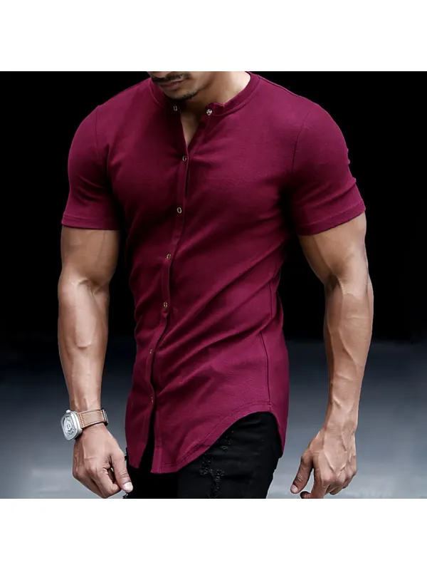 Men's Casual Slim Solid Color Short Sleeve Shirt Outdoor Fitness Sports Running Pure Cotton Stand Collar Cardigan - Ootdmw.com 