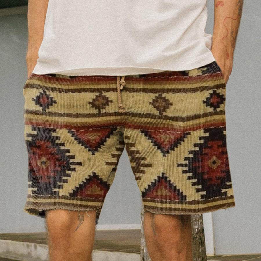 

Men's Shorts Corduroy Retro Stripes Ethnic Style Casual Drawstring Printing Pattern Simple Outdoor