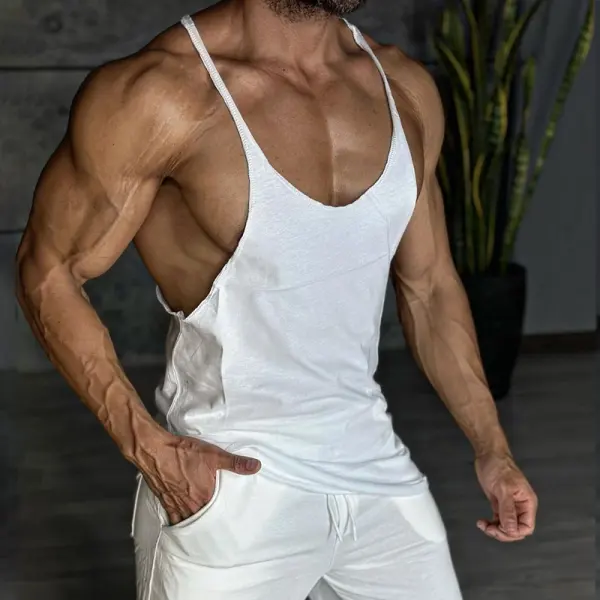 Pure Cotton Deep Collar Men's Fitness Vest - Ootdyouth.com 