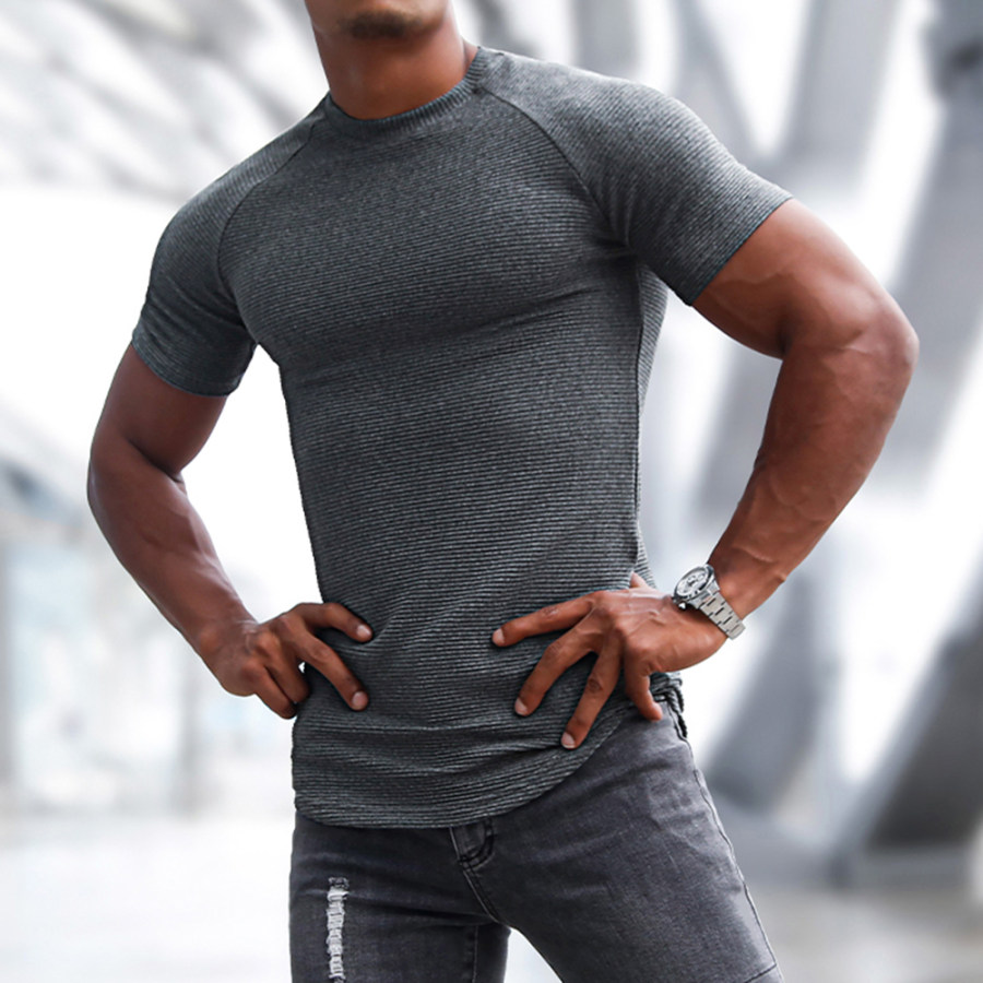 

Мужская спортивная футболка с короткими рукавами для фитнеса и тренировок топ для бега повседневная тонкая круглая горловина однотонная хлопковая низ рубашка