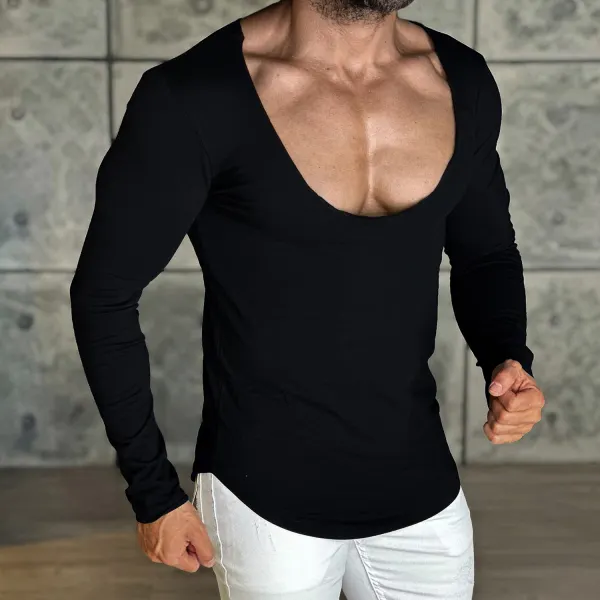 Men's Daily Basic Solid Color Long-sleeved T-shirt Slim Casual Bottoming Shirt - Fineyoyo.com 