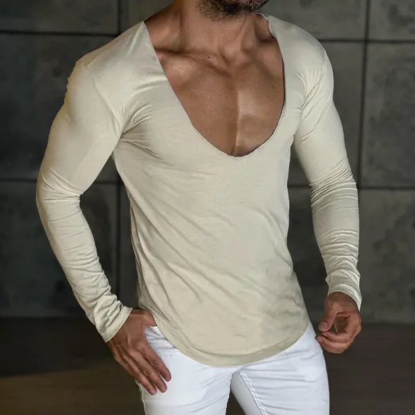 Men's Daily Basic Solid Color Long-sleeved T-shirt Slim Casual Bottoming Shirt - Fineyoyo.com 