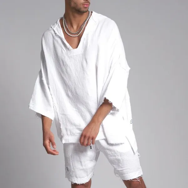 Men's 3/4 Sleeve Linen Hooded Shirt - Villagenice.com 