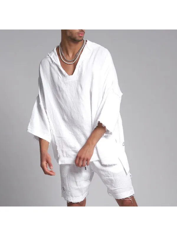 Men's 3/4 Sleeve Linen Hooded Shirt - Timetomy.com 