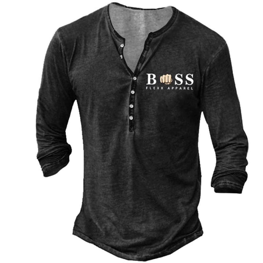 

T-shirt Da Uomo Henley Vintage Boss Manica Lunga Quotidiana Top Nera