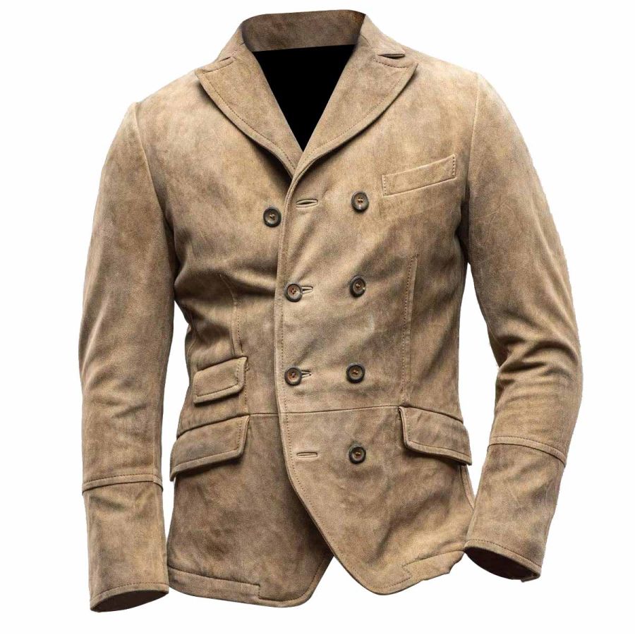 

Giacca Da Uomo Blazer Da Esterno Tascabile Doppio Petto In Pelle Scamosciata Vintage Color Kaki