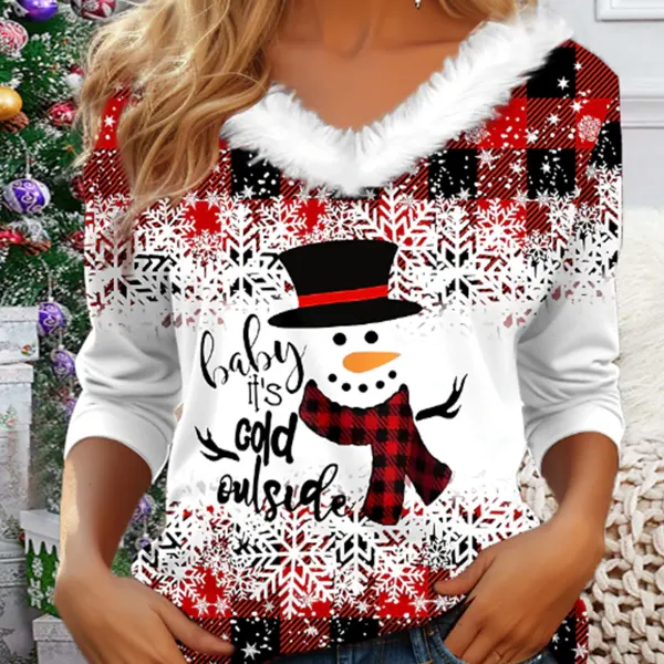 Women's Christmas Snowman Print Long Sleeve V-Neck Top - Cotosen.com