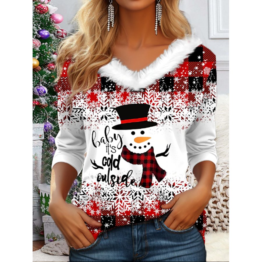 

Women's Christmas Snowman Print Long Sleeve V-Neck Top