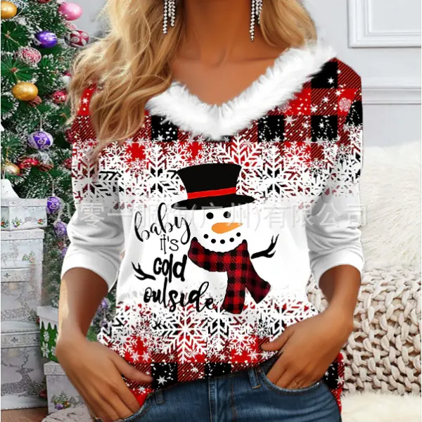 Women's Christmas Snowman Print Long Sleeve V-Neck Top - Cotosen.com