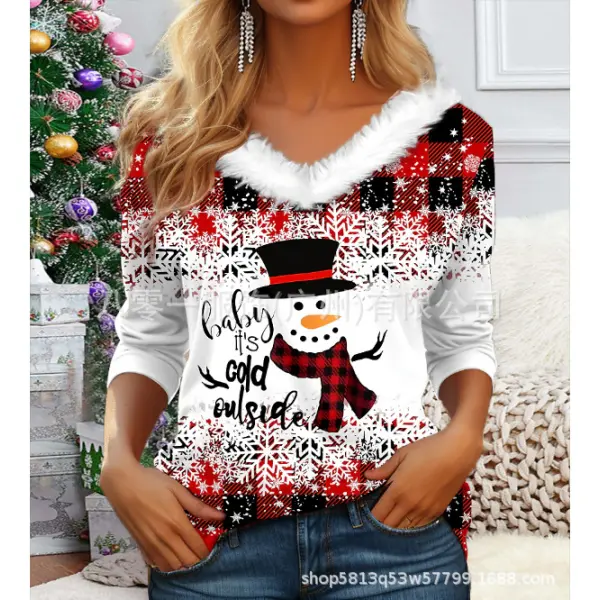 Women's Christmas Snowman Print Long Sleeve V-Neck Top - Ootdyouth.com 