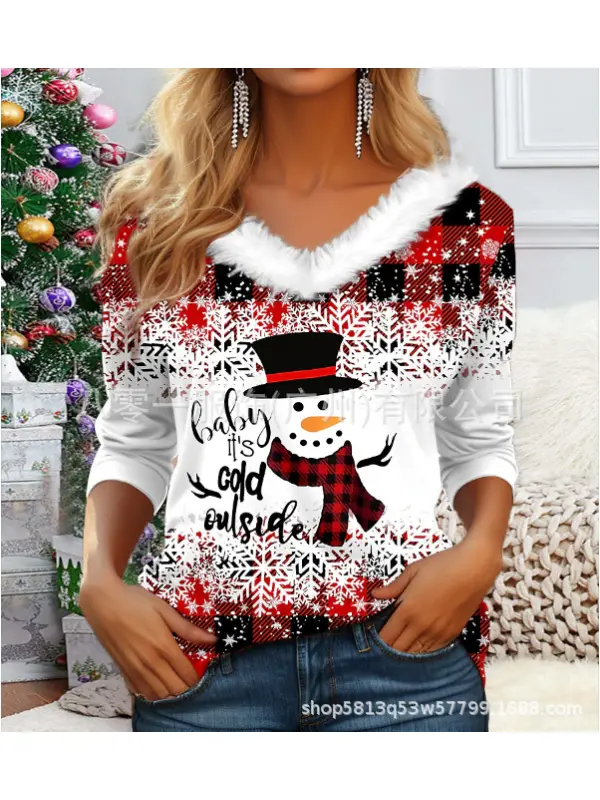 Women's Christmas Snowman Print Long Sleeve V-Neck Top - Valiantlive.com 
