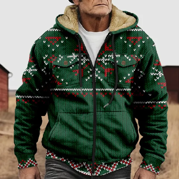 Men's Christmas Imitation Knitted Printed Pocket Zipper Cardigan Hooded Fleece Sweatshirt - Spiretime.com 