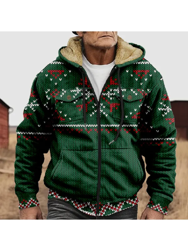 Men's Christmas Imitation Knitted Printed Pocket Zipper Cardigan Hooded Fleece Sweatshirt - Ootdmw.com 