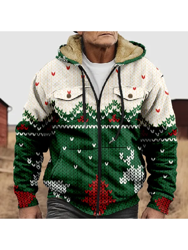 Men's Christmas Imitation Knitted Printed Pocket Zipper Cardigan Hooded Fleece Sweatshirt - Ootdmw.com 