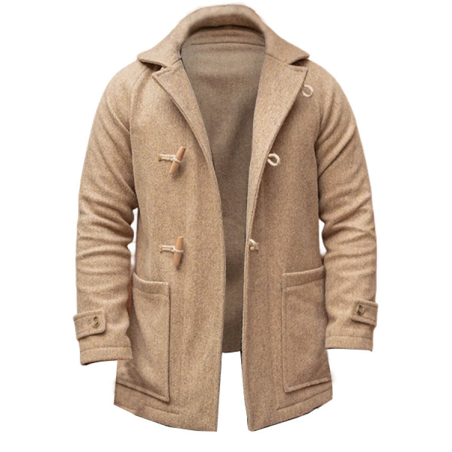 

Men Outdoor Horn Buckle Long Wool Duffle Casual Coat Khaki Retro Mid-length Jacket