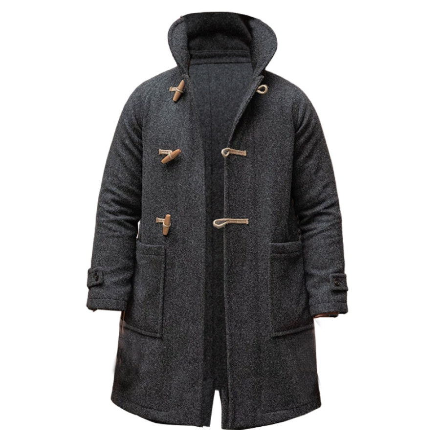 

Men Outdoor Horn Buckle Long Wool Duffle Coat Charcoal Gray