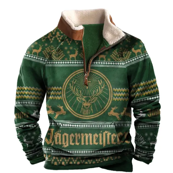 Men's Vintage Jägermeister Christmas Print Half-Zip Stand Collar Sweatshirt - Cotosen.com