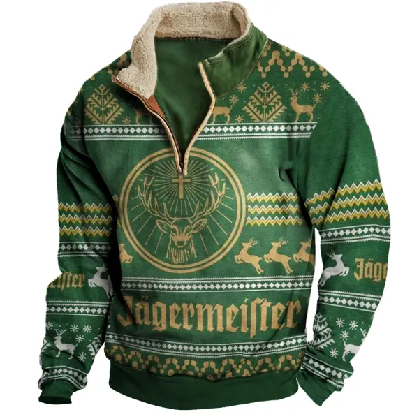 Men's Vintage Jägermeister Christmas Print Half-Zip Stand Collar Sweatshirt - Cotosen.com