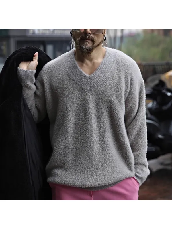 Men's V-neck Plain Loose Knitted Casual Warm Sweater - Valiantlive.com 