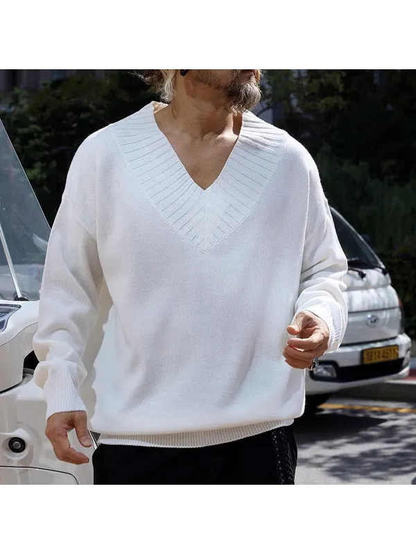 Men's V-neck Loose Knitted Casual Warm Sweater - Ootdmw.com 