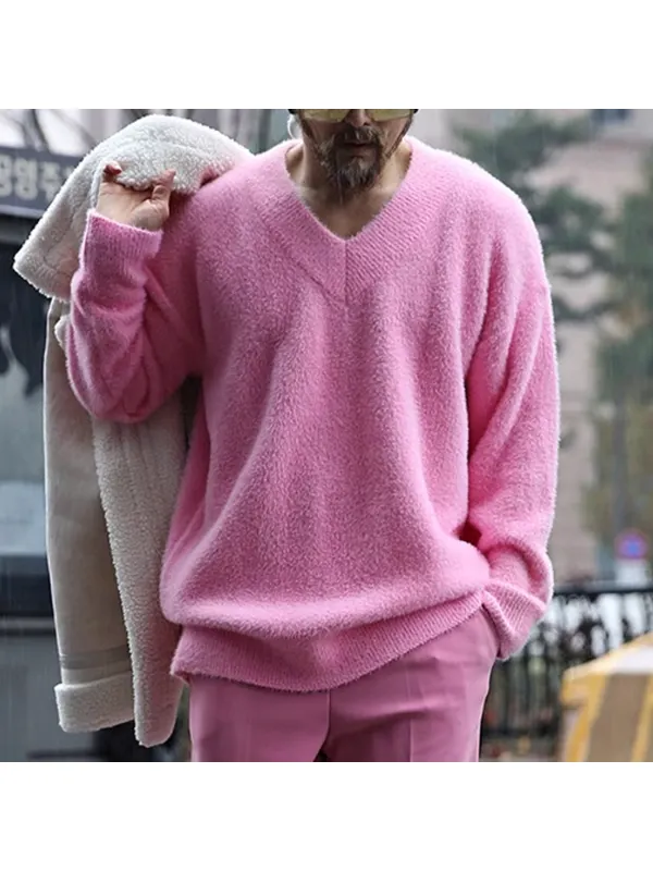 Men's V-neck Plain Loose Knitted Warm Sweater - Spiretime.com 