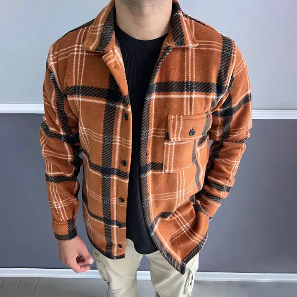 Men's Oversized Fleece Contrast Plaid Jacket - Spiretime.com 
