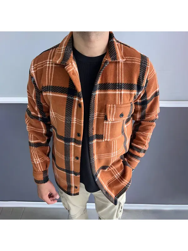 Men's Oversized Fleece Contrast Plaid Jacket - Ootdmw.com 