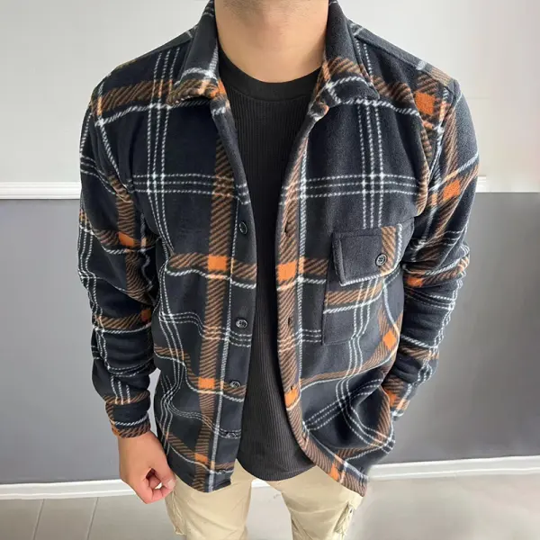 Men's Oversized Casual Fleece Contrast Plaid Jacket - Ootdyouth.com 