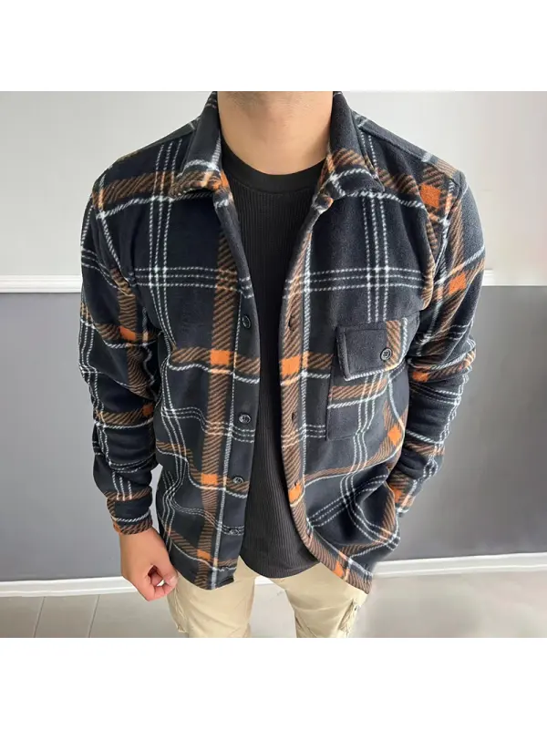 Men's Oversized Casual Fleece Contrast Plaid Jacket - Ootdmw.com 