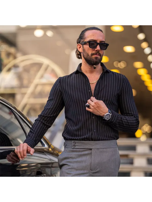 Men's Special Design Slim Fit Line Detailed Long Sleeve Shirt - Black - Timetomy.com 