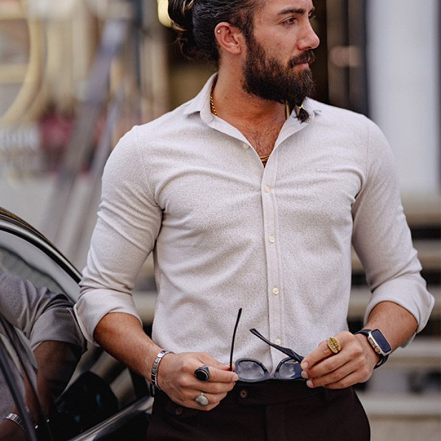 

Мужская приталенная рубашка из лайкры с длинным рукавом