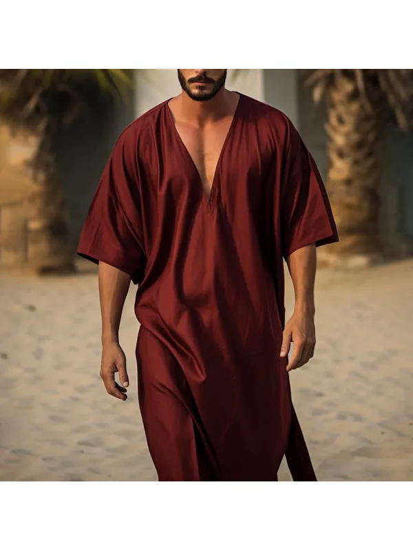 Men's Casual Holiday Plain V-Neck Robe - Ootdmw.com 