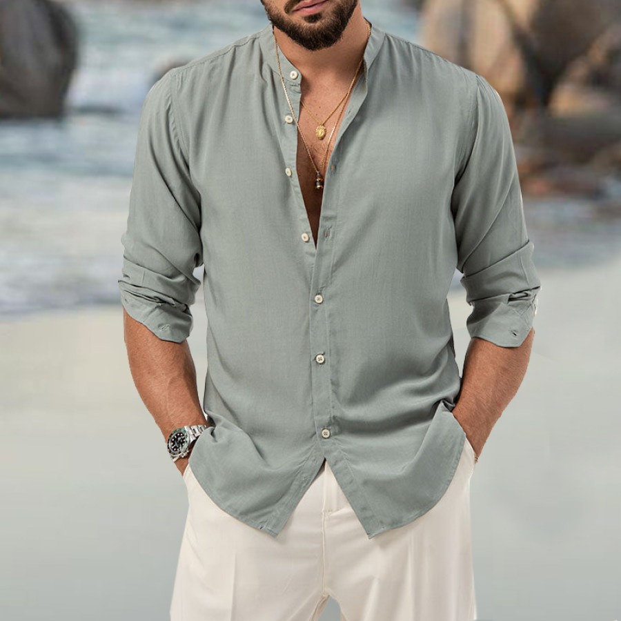 

Camisas Hawaianas De Los Hombres Con Botones Y Bolsillo Cómodo Transpirable Suave Para Vacaciones Playa Manga Larga