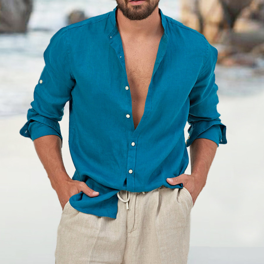 

Camisas Hawaianas De Lino Y Algodón Con Cuello Levantado Bolsillo Con Botones Cómodas Transpirables Suaves Para Vacaciones Y Playa Manga Larga