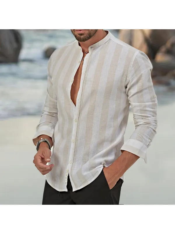 Men's Hawaiian Striped Linen Shirt Casual Comfortable Breathable Long Sleeve Top - Ootdmw.com 